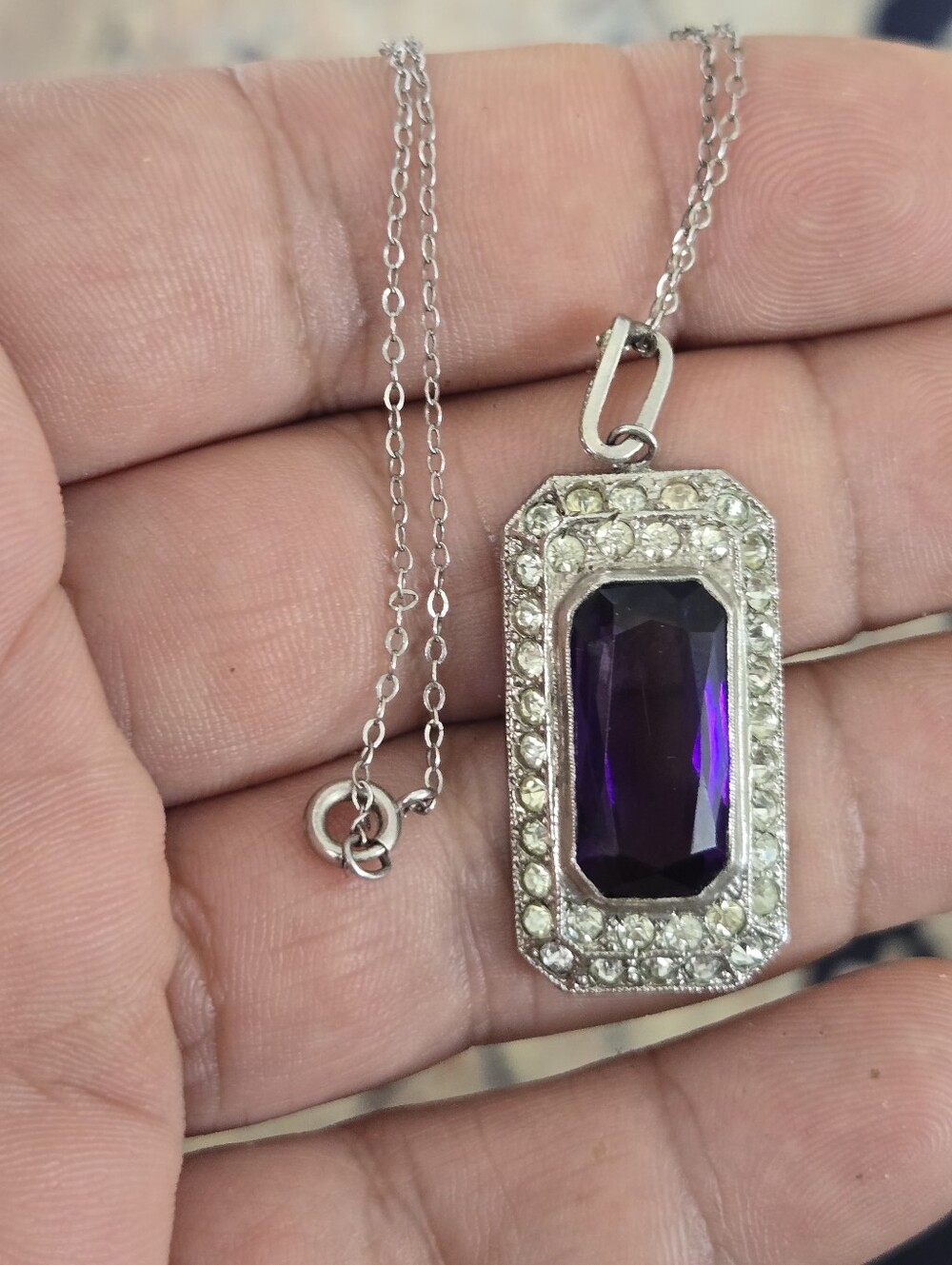 Antique Sterling Silver Victorian Edwardian Amethyst Paste Pendant Necklace 16"